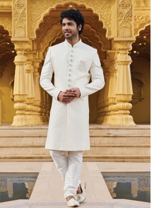 Cream Embroidered Wedding Wear Sherwani For Men