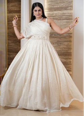 Cream Fancy Party Wear Organza Gown