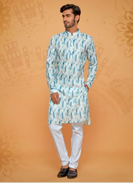 Cream Fancy Printed Cotton Silk Kurta Pajama Set