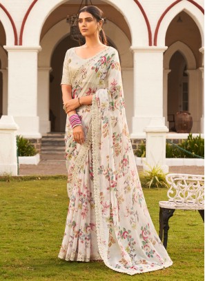 Cream Festive Saree In Chiffon With Floral Prints