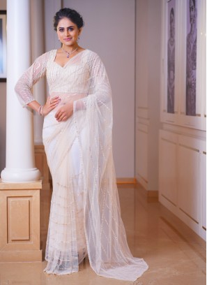 Cream Festive Saree In Net With Embroidered Choli