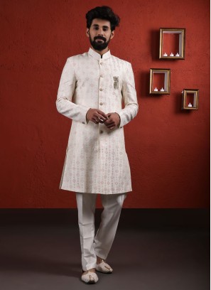 Cream Festive Wear Indowestern In Silk Fabric