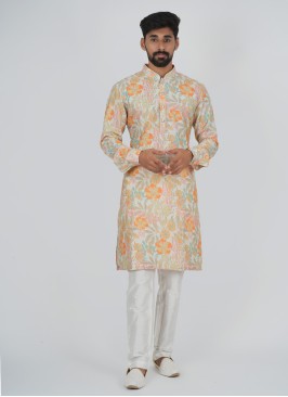 Cream Floral Printed Readymade Kurta Pajama