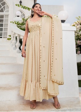 Cream Georgette Sequins Embellished Palazzo Suit