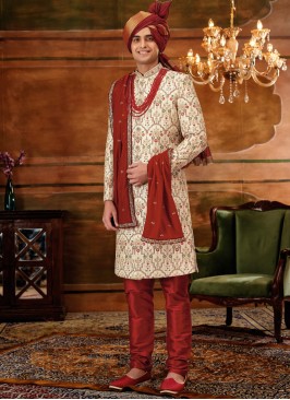 Cream Groom Hand Embroidered Sherwani