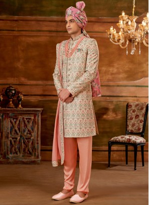 Cream Hand Embroidered Sherwani For Wedding