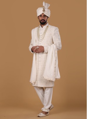 Cream Hand Embroidered Sherwani Set For Men