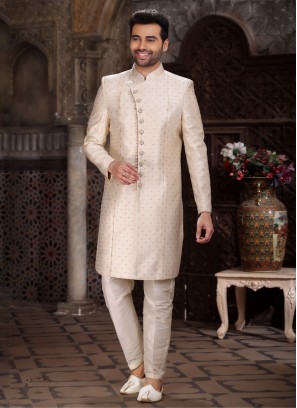 Cream Indowestern In Banarasi Jacquard