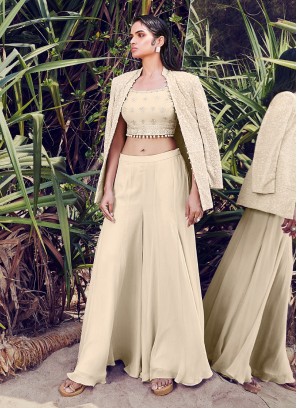 Cream Indowestern Palazzo Suit With Jacket