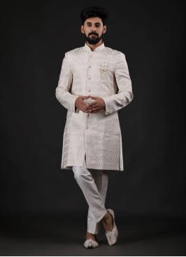 Cream Indowestern Set In Jacquard Silk