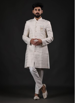 Cream Indowestern Set In Jacquard Silk