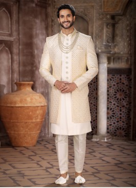 Cream Jacket Style Indowestern In Art Silk