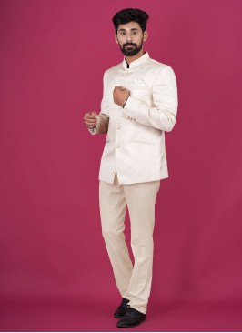Cream Jodhupri Suit In Jacquard Silk Fabric