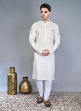 Cream Kurta Pajama In Cotton Silk