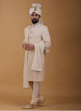 Cream Lucknowi Art Silk Groom Wear Sherwani