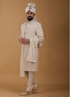 Cream Lucknowi Art Silk Groom Wear Sherwani