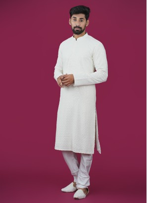 Cream Lucknowi Pattern Cotton Kurta Pajama