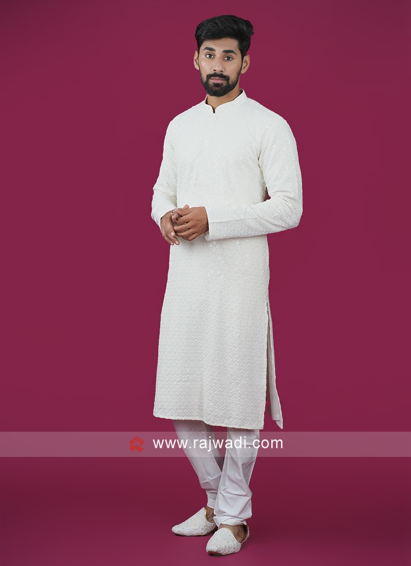 Cream Lucknowi Pattern Cotton Kurta Pajama