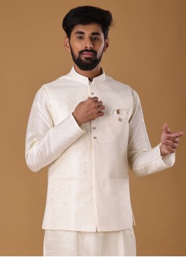 Cream Nehru Jacket In Art Silk