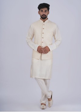 Cream Nehru Jacket Set In Silk For Men
