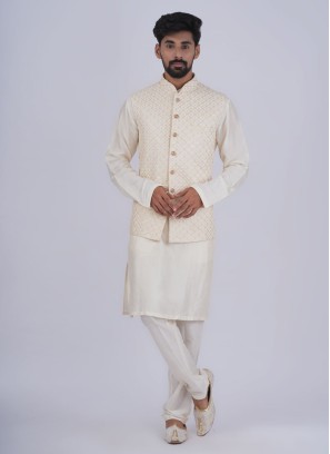 Cream Nehru Jacket Set In Silk For Men