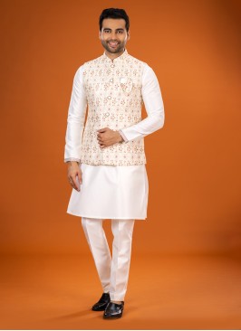 Cream Nehru Jacket Set With Embroidery Work