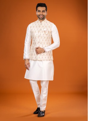 Cream Nehru Jacket Set With Embroidery Work