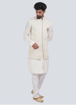 Cream Nehru Jacket Set With Thread Work