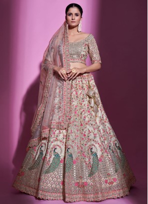 Cream Floral and Peacock Embroidered Net A Line Lehenga Choli