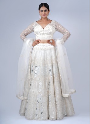 Cream Net Lehenga Choli With Heavy Embroidery Work