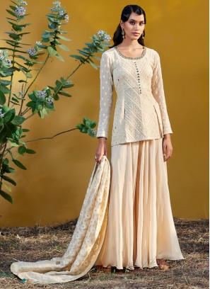 Cream Palazzo Suit In Georgette With Peplum Kurti