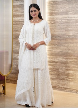 Cream Lucknowi Embroidered Silk Palazzo Suit