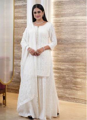 Cream Lucknowi Embroidered Silk Palazzo Suit