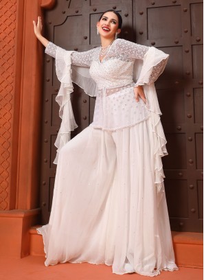 Cream Palazzo Suit with Peplum Choli & Ruffled Dupatta