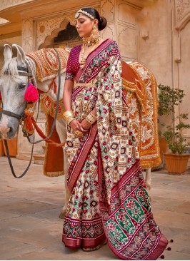 Maroon & Cream Patola Print Festival Classic Silk Saree