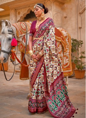 Maroon & Cream Patola Print Festival Classic Silk Saree