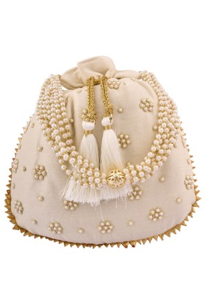 Cream Potli Bag In Art Silk With Flower Design