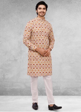 Cream Printed Kurta Pajama In Cotton Silk