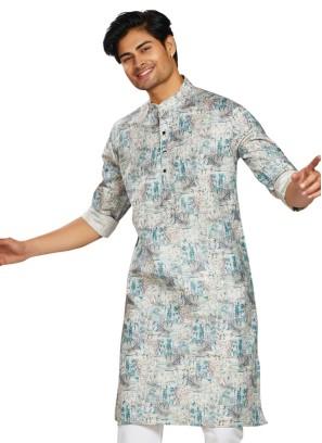 Cream Printed Readymade Kurta For Men