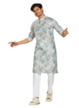 Cream Printed Readymade Kurta Pajama For Men