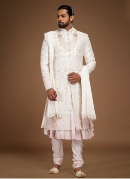 Cream Raw Silk Anarkali Style Sherwani In Embroidery Work