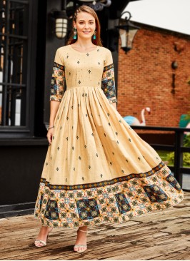 Cream Readymade Anarkali Style A-Line Kurti