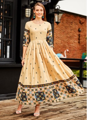 Cream Readymade Anarkali Style A-Line Kurti