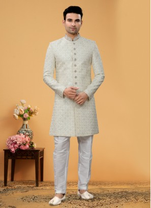 Cream Readymade Asymmetric Indowestern Set