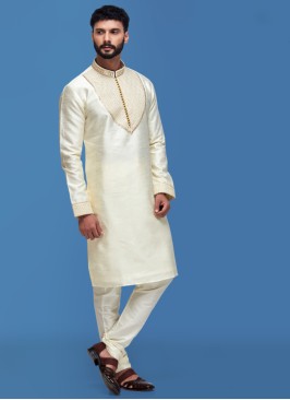 Cream Readymade Kurta Pajama In Art Silk