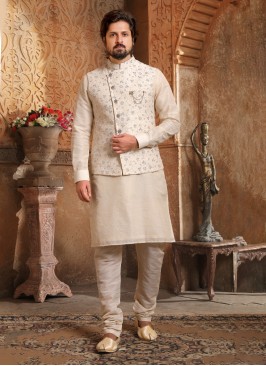 Cream Readymade Nehru Jacket Set For Men