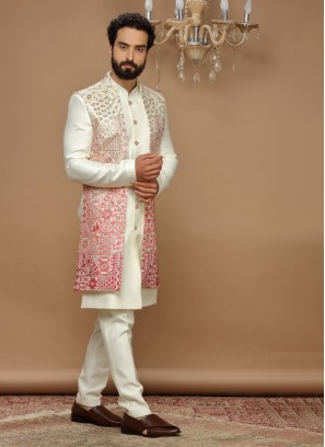 Cream Readymade Silk Nehru Jacket