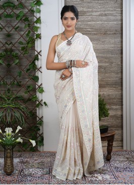 Cream Saree With Matching Blouse Piece