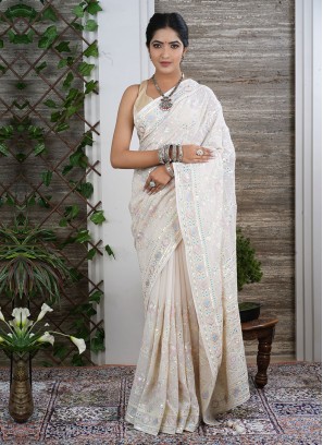 Cream Saree With Matching Blouse Piece