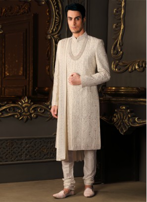 Cream Sherwani Set In Silk With Embroidery Work